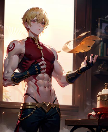 03433-2264940941-contrapposto, steam,looking away,(finely detailed beautiful eyes_ 1.2),beautiful detailed nose, gilgamesh, 1boy, blond short hai.png